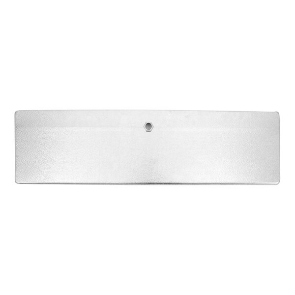 A white rectangular metal drain pan with a hole in the middle.