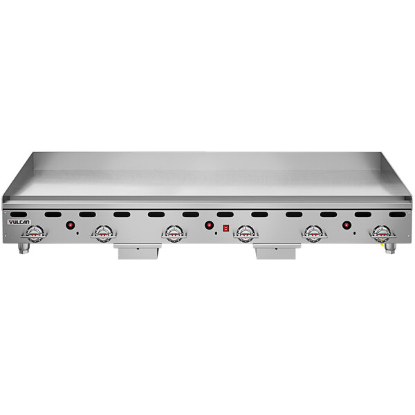 A Vulcan natural gas commercial griddle with chrome top and dials.