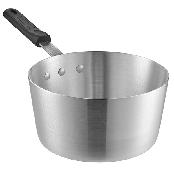 A silver aluminum Choice sauce pan with a black silicone handle.