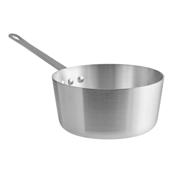 A metal saucepan with a long handle and a smooth, brushed finish.