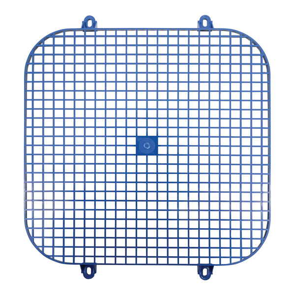 A blue grid with a square hole on a white mesh screen.