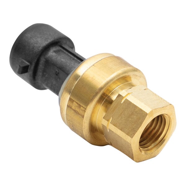 A brass and black Heatcraft pressure transducer.