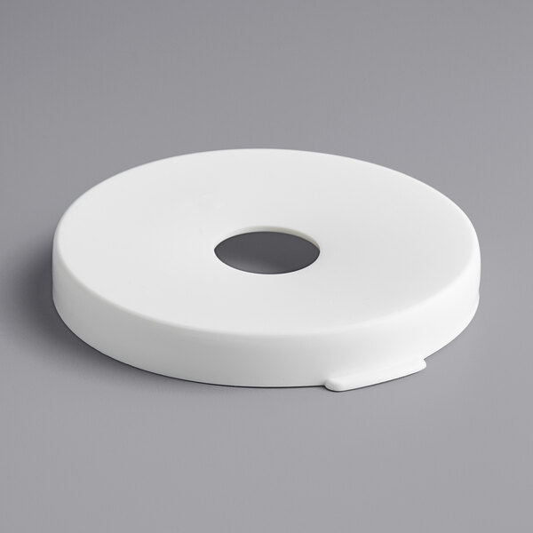 A white circular Tablecraft snap on adapter lid with a hole in it.