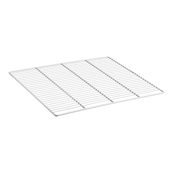 A white metal wire rack with a grid on it.