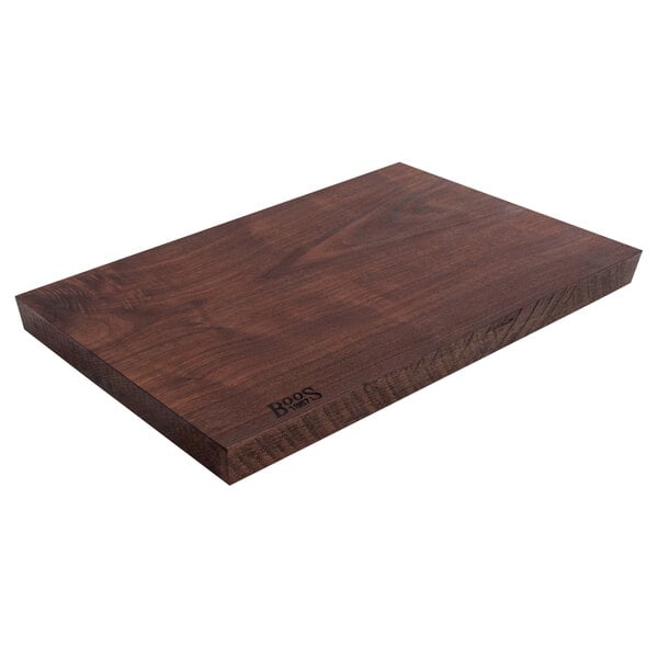 A John Boos & Co. black walnut wood cutting board with a logo on it.