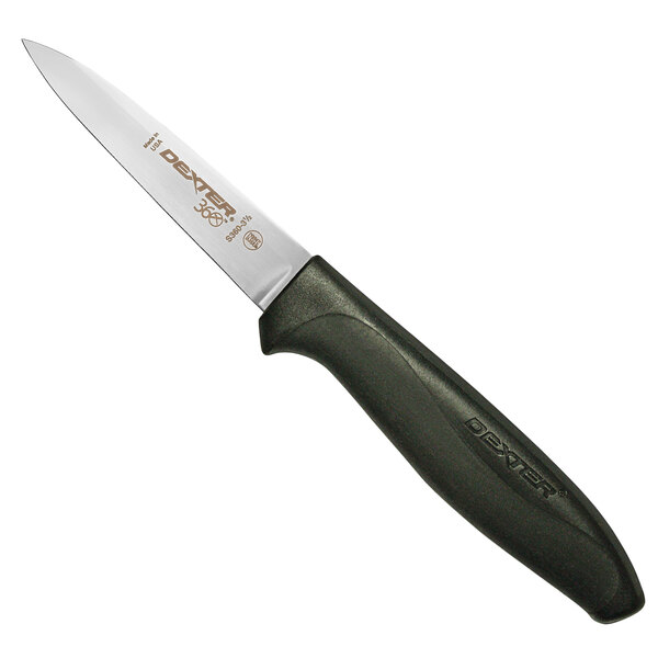 A Dexter-Russell paring knife with a black handle.