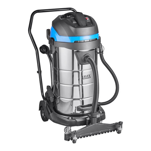 A Lavex wet/dry vacuum cleaner with blue wheels.