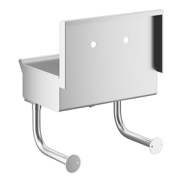 A white rectangular metal utility sink with a shelf and two faucet holes.