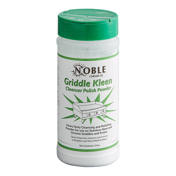 A 14 oz. container of Noble Griddle Kleen ready-to-use cleanser polish powder for cleaning and polishing griddles and fryers.