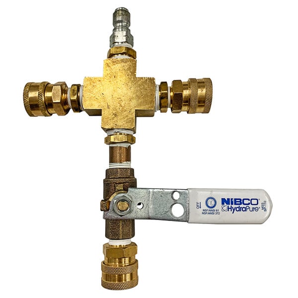 A Simpson brass 3-way adaptor for pressure washers with white handles and a white strip.