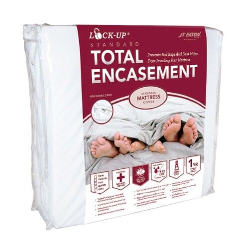 A white JT Eaton standard twin XL size mattress cover with red and white packaging.