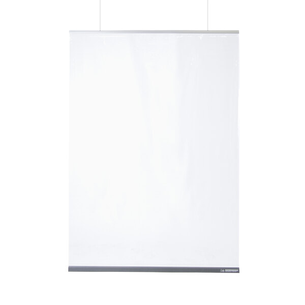 A clear PVC hanging partition with aluminum and fiberglass bars.