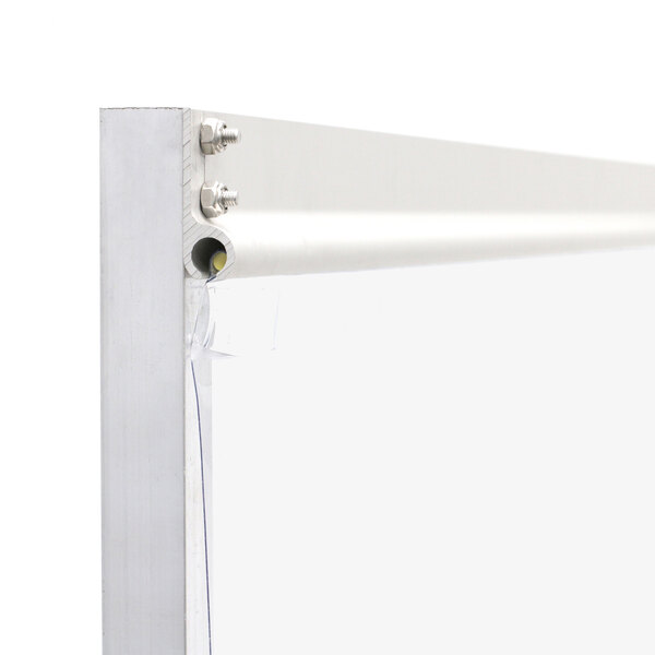 A clear PVC standing partition with an aluminum frame and stainless steel feet.