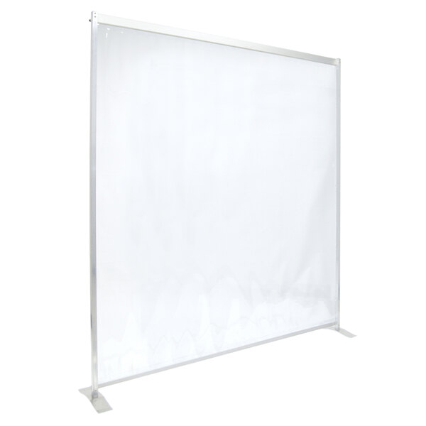 A clear PVC partition with a metal frame on a white background.