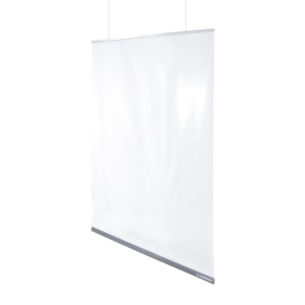 A clear PVC partition hanging from aluminum and fiberglass bars.