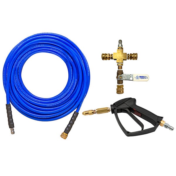 A blue Simpson pressure washer hose and gun with a hose nozzle.
