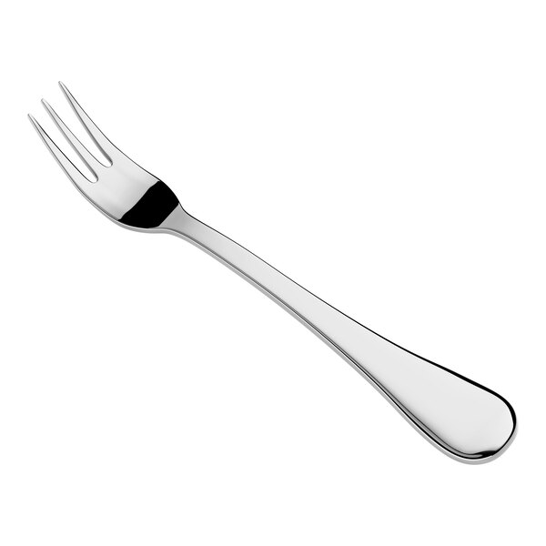 A shiny, three-pronged metal fork with a smooth, slightly curved handle is shown against a white background.