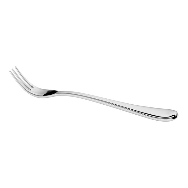 A shiny, metal fork with three tines and a slightly curved handle is shown against a white background.