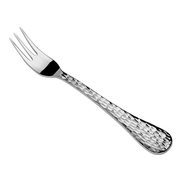 A shiny metal fork with three tines and a textured handle, shown on a white background.