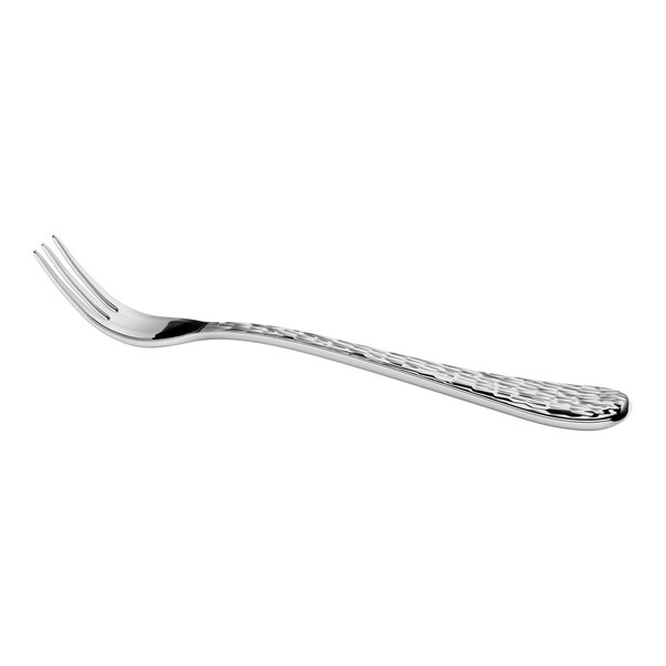 A shiny metal fork with three tines and a textured handle, shown on a white background.