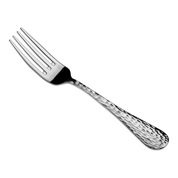 A metal fork with a textured handle and four tines, shown on a white background.