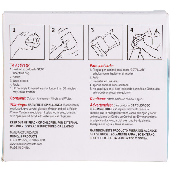 A white box with a drawing of a hand holding a square object and instructions for Medique Medi-First Instant Ice Pack.