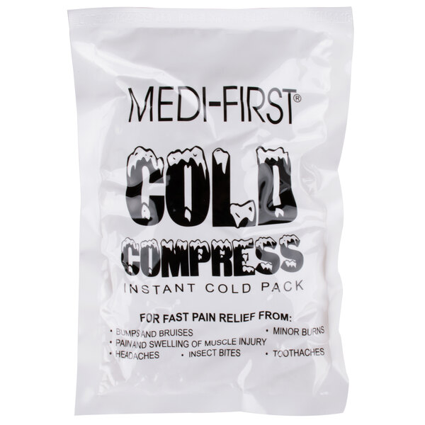 A white plastic bag with black text that reads "Medi-First Cold Compress" containing a Medique cold pack.
