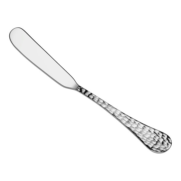 A stainless steel butter knife with a textured handle and a smooth, rounded blade.