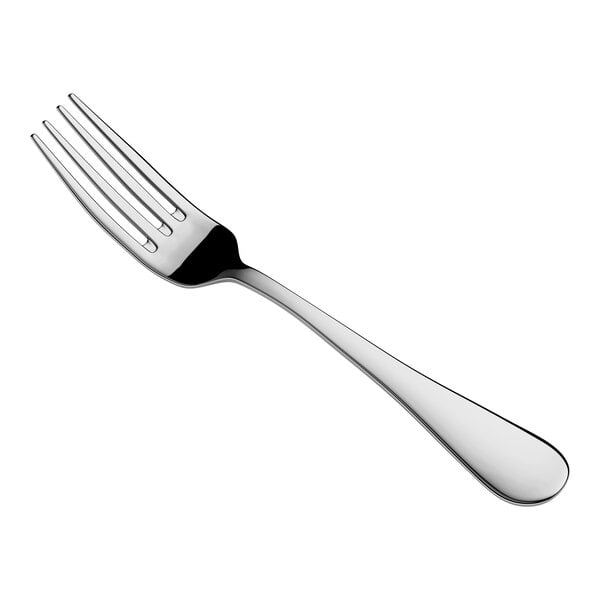 A shiny, metallic fork with four tines and a smooth, slightly curved handle is shown against a white background.
