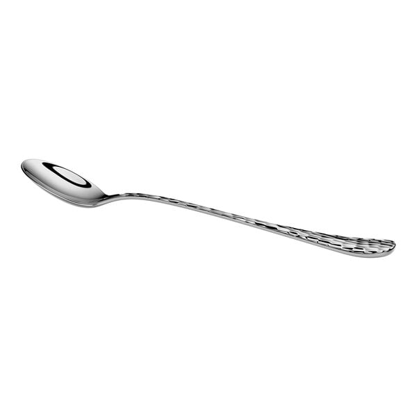 A long, slender stainless steel spoon with a textured handle and a polished, oval bowl.