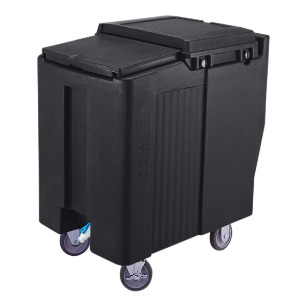 A large black mobile bin with a sliding lid and four wheels.