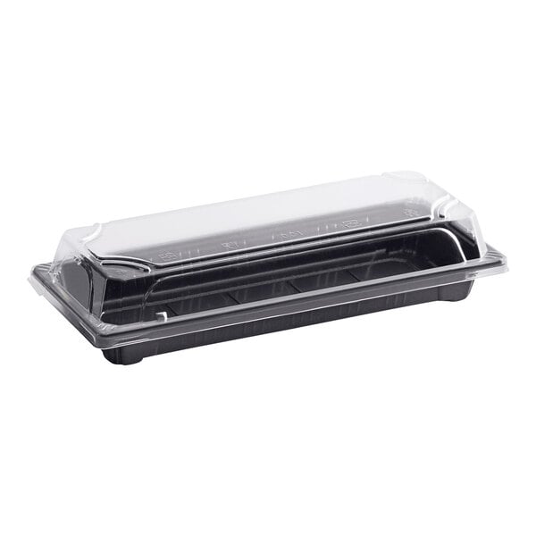 A rectangular black plastic food container with a clear plastic lid.