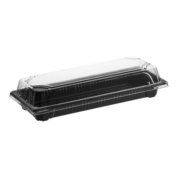 A rectangular black plastic food container with a clear fitted lid.