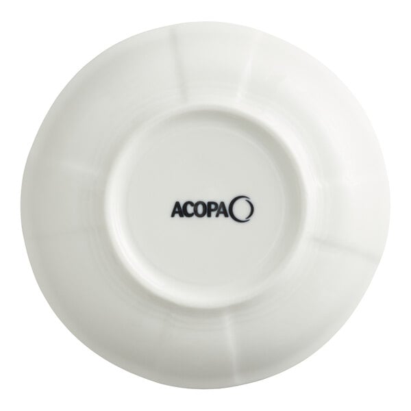 A small, round, white porcelain fruit dish with scalloped edges and the Acopa logo on the bottom.