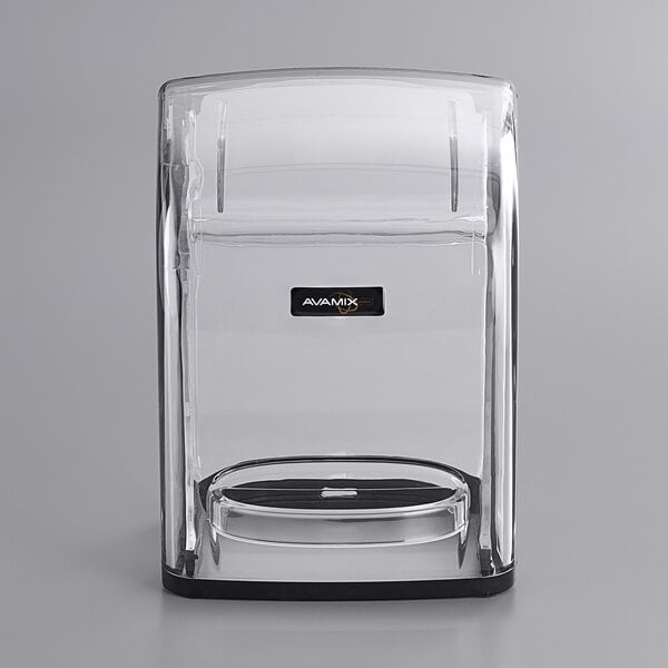 A clear plastic sound enclosure with a black label for an AvaMix HBX 48 oz. blender.