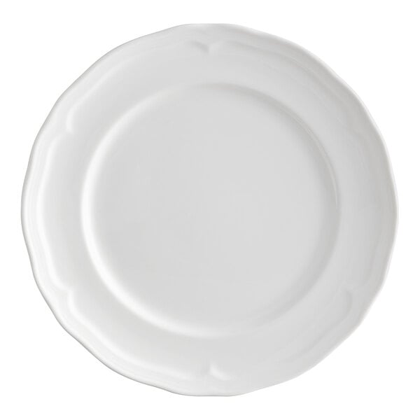 An 8-inch pearl white porcelain plate with a scalloped wide rim.