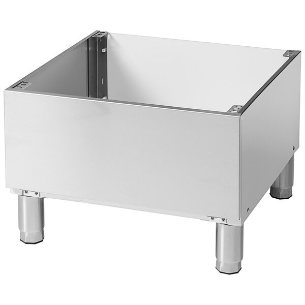 A stainless steel box with metal legs and a rack inside.