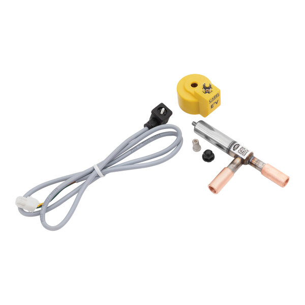 A Heatcraft valve harness kit, a yellow and white electrical device with a cable.