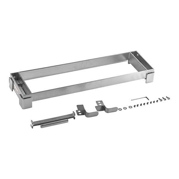 A stainless steel Universal 24" Griddle Condiment / Ingredient Rail with screws and bolts.