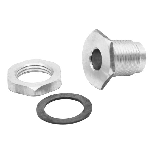 A stainless steel nut and washer on a white background.