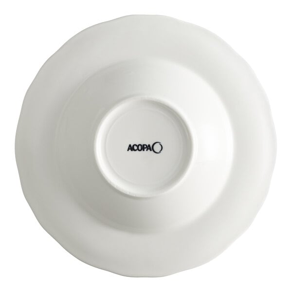 A white porcelain bowl with a scalloped wide rim, shown upside down with the Acopa brand logo visible on the bottom.