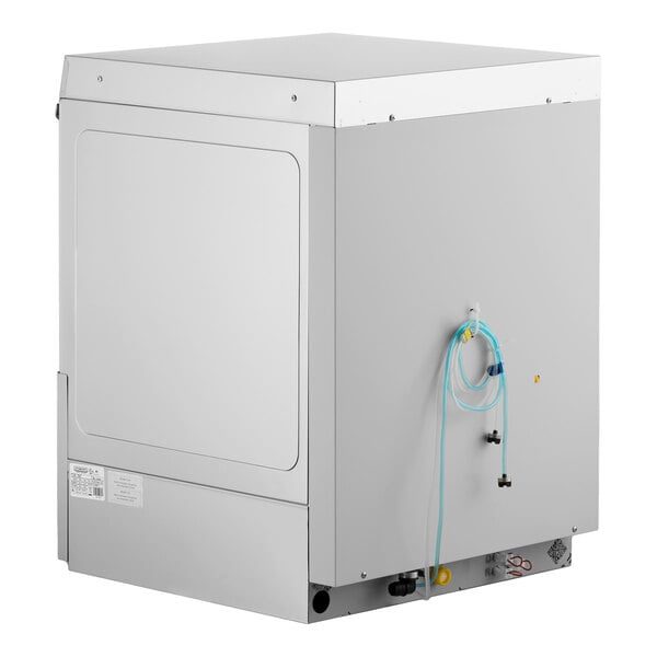 A commercial undercounter dishwashing machine with a high temperature design and attached hoses.