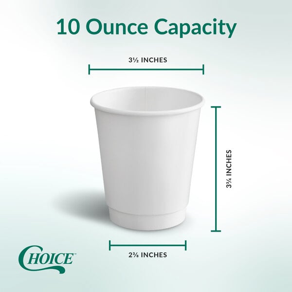 A white 10-ounce double wall paper hot cup with a smooth surface, shown with dimensions and labeled as a Choice brand product.