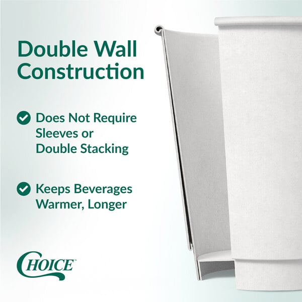 A white 10 oz. double wall paper hot cup designed to keep beverages warmer for longer without needing sleeves.