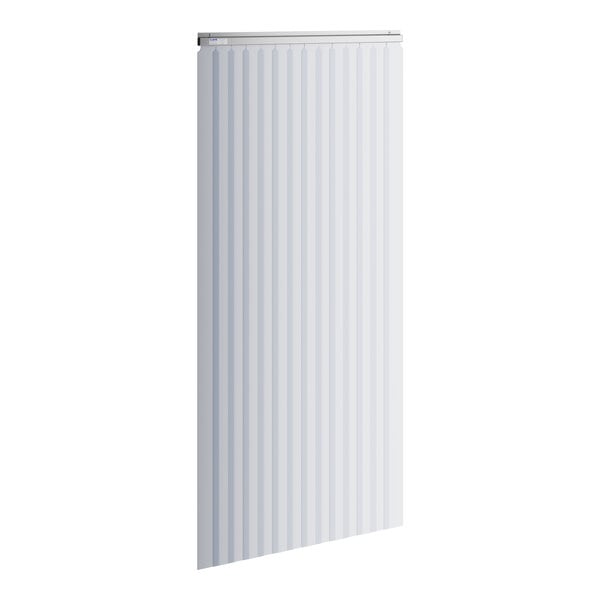 A Kason white strip curtain hanging on a white wall.
