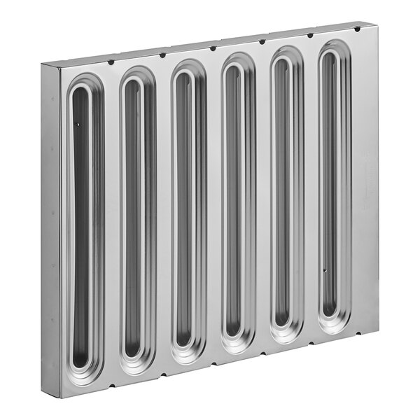 A silver rectangular Kason stainless steel grease filter with holes.