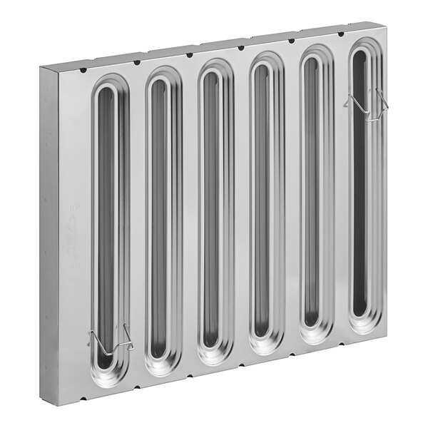 A silver rectangular Kason stainless steel grease filter with holes.