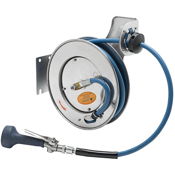A T&S stainless steel hose reel with a hose attached.