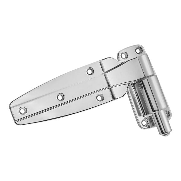A polished chrome Kason spring assisted cam-rise door hinge for refrigeration equipment with screws.