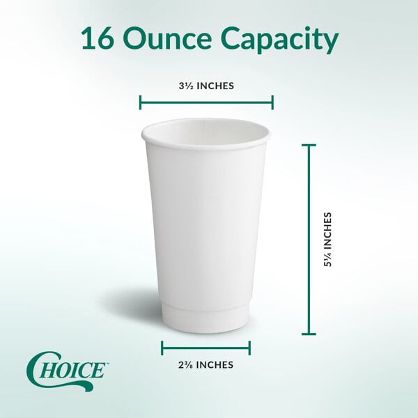 A white 16-ounce double wall paper hot cup with smooth sides, shown with measurements for height and diameter.